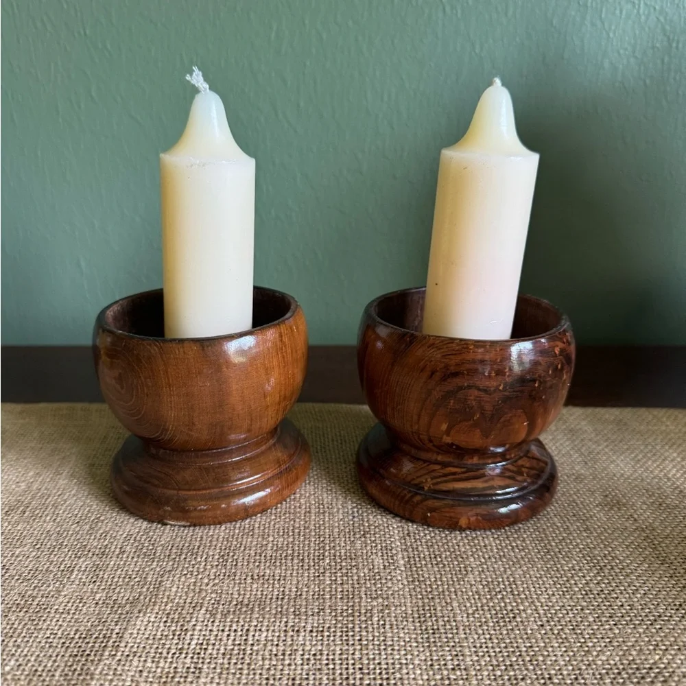 Vintage pair of Hand Turned Wood Candle Holders 3” Taiwan